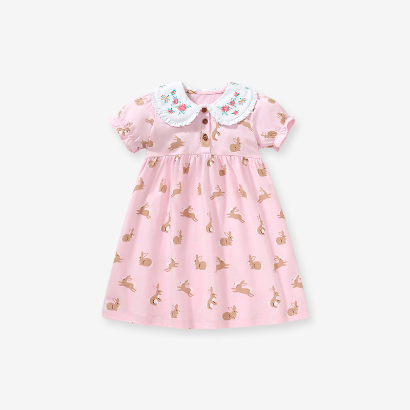Pink Baby Dress with Bunny Print|Embroidery Peter Pan Collar|Soft Short-Sleeve Spring & Summer Dress