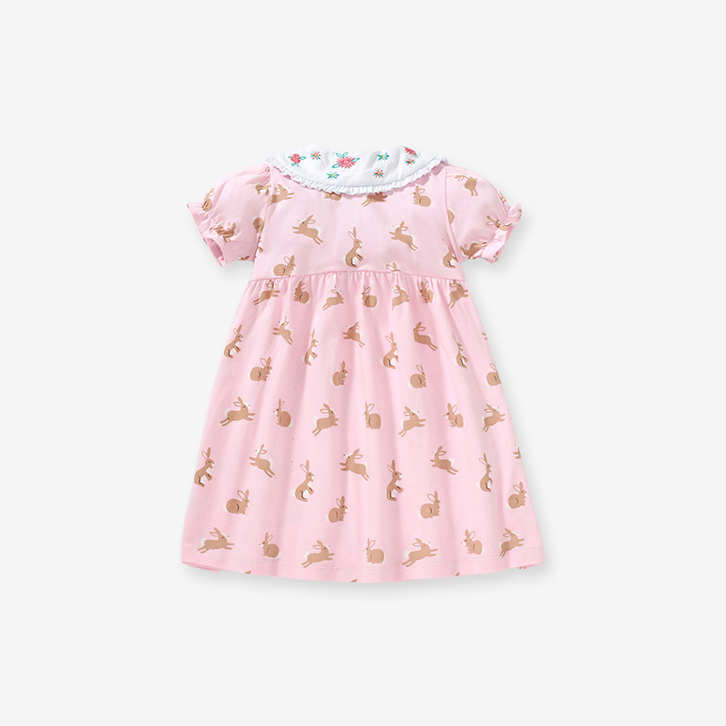 Pink Baby Dress with Bunny Print|Embroidery Peter Pan Collar|Soft Short-Sleeve Spring & Summer Dress - Image 4