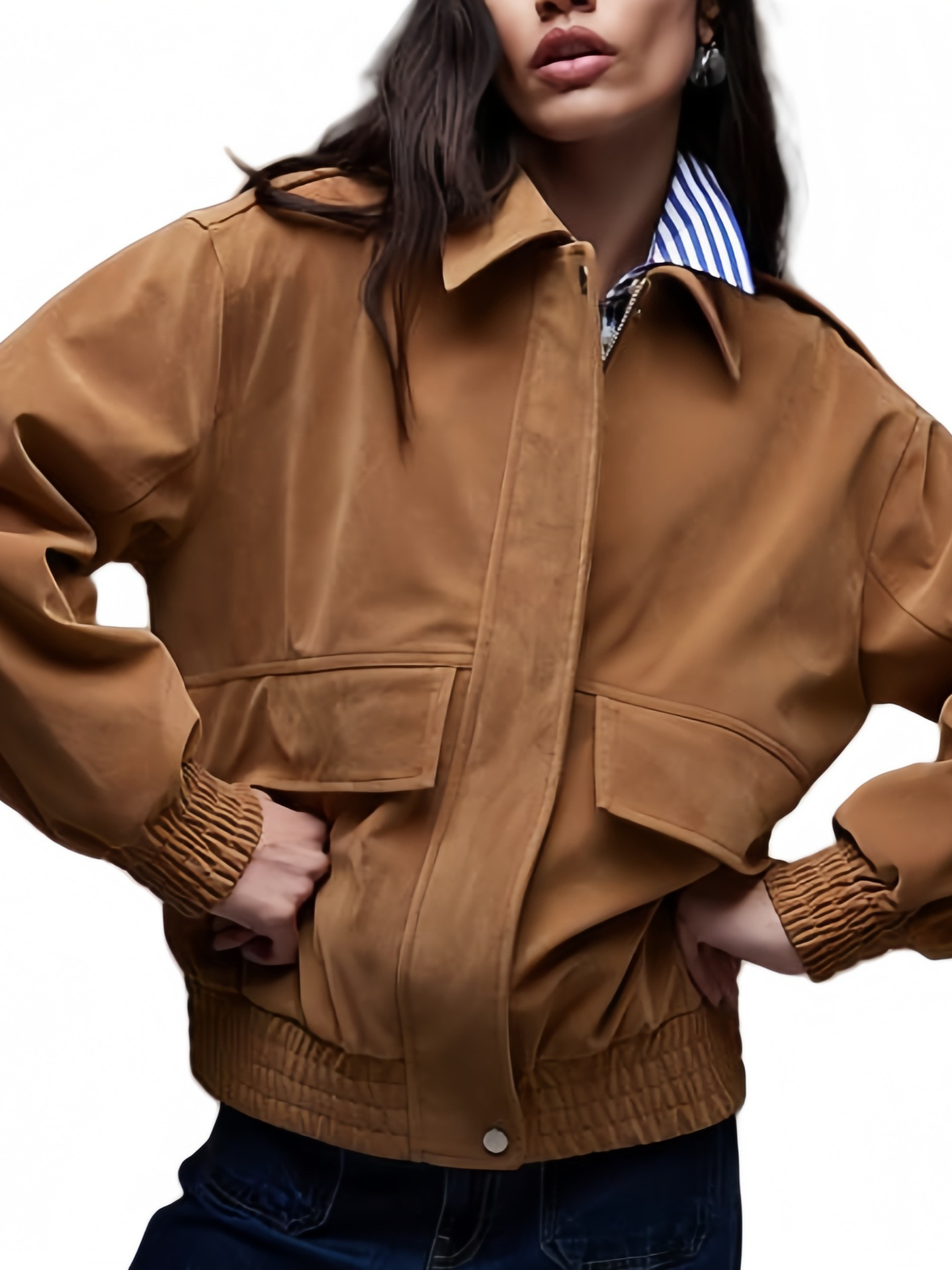 Women’s Short Cargo-Style Jacket | Elastic Hem Design | Casual Loose-Fit Stand Collar Outerwear - Image 5