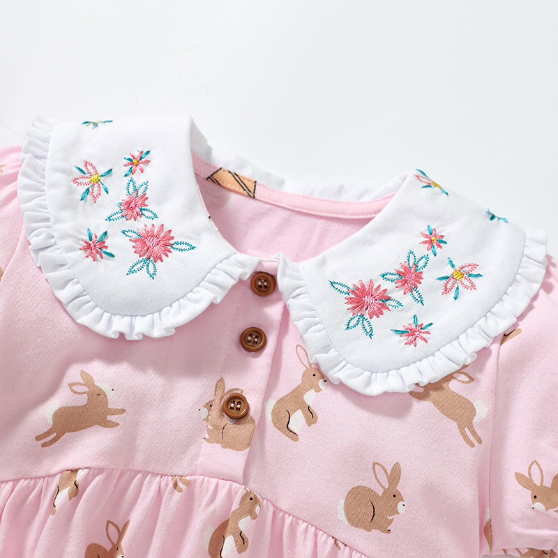 Pink Baby Dress with Bunny Print|Embroidery Peter Pan Collar|Soft Short-Sleeve Spring & Summer Dress - Image 3