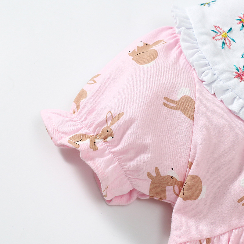 Pink Baby Dress with Bunny Print|Embroidery Peter Pan Collar|Soft Short-Sleeve Spring & Summer Dress - Image 2
