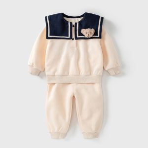 Warm Fleece Winter Baby Sailor Collar Outfit | 2-Piece Teddy Bear Top and Elastic Cuffed Pants Set