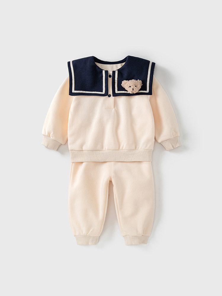 Warm Fleece Winter Baby Sailor Collar Outfit | 2-Piece Teddy Bear Top and Elastic Cuffed Pants Set