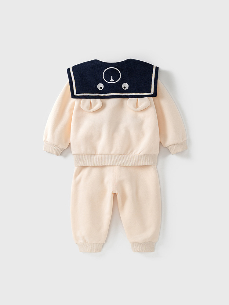 Warm Fleece Winter Baby Sailor Collar Outfit | 2-Piece Teddy Bear Top and Elastic Cuffed Pants Set - Image 4