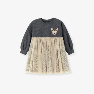 Warm Baby Girl Tulle Patchwork Dress · Bunny Embroidery Top × Leopard Mesh Skirt · Soft, Cozy & Stylish