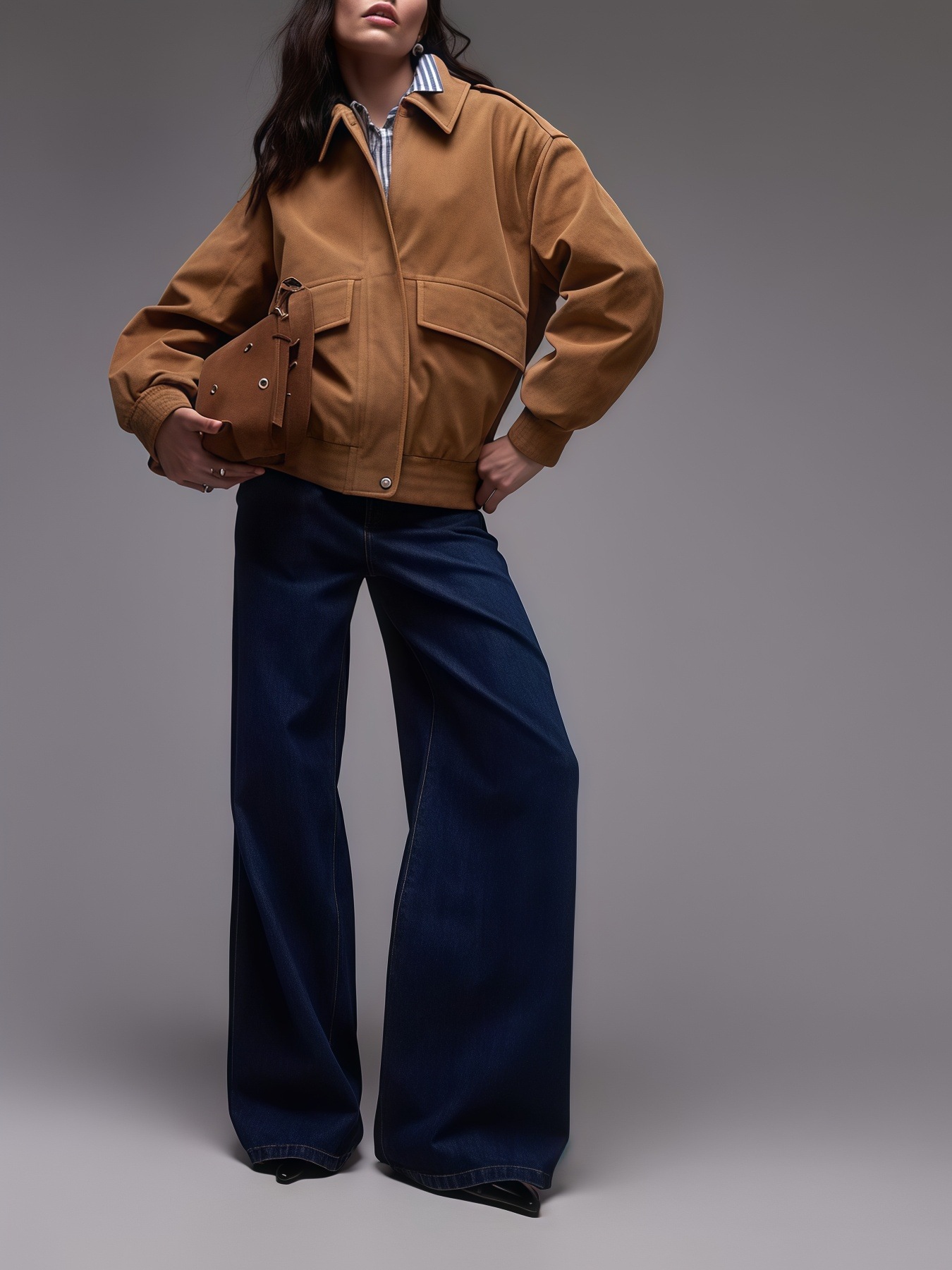 Women’s Short Cargo-Style Jacket | Elastic Hem Design | Casual Loose-Fit Stand Collar Outerwear