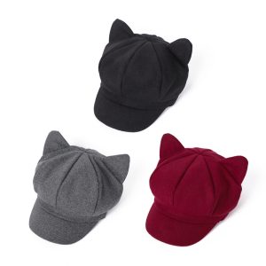 Cute Cat Ear Wool Cap for Women | Warm Winter Kitty Ear Newsboy Hat | Soft Felt Visor Hat