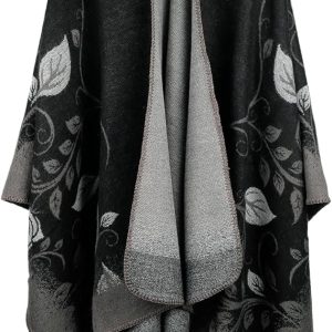 Winter Thickened Reversible Jacquard Shawl Cape | Oversized Warm Poncho Wrap | Floral Pattern Open-Front Blanket Shawl