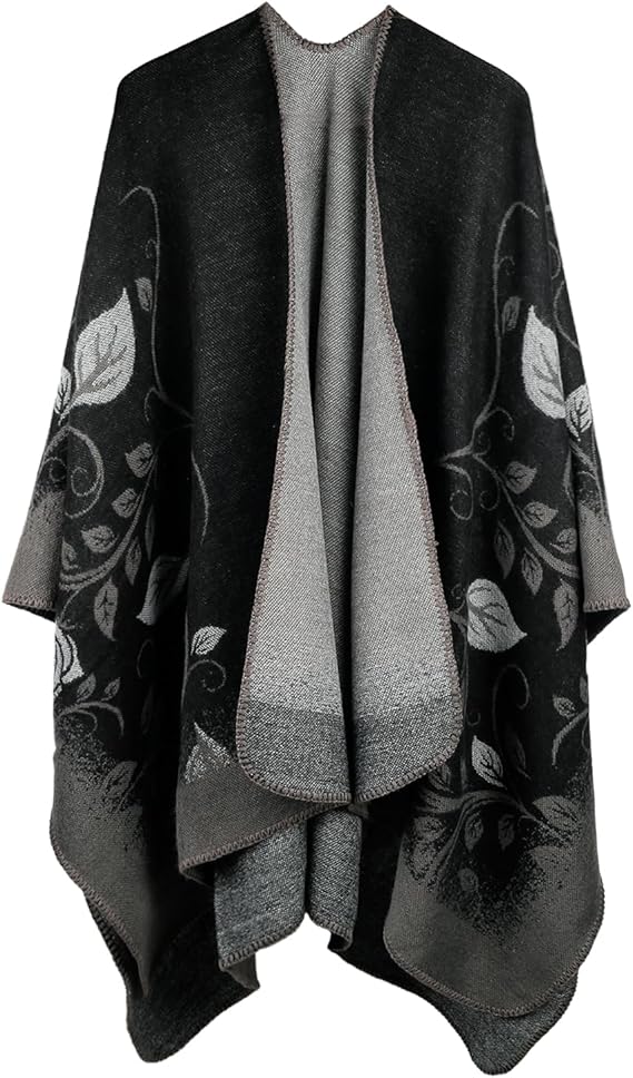 Winter Thickened Reversible Jacquard Shawl Cape | Oversized Warm Poncho Wrap | Floral Pattern Open-Front Blanket Shawl