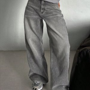 High-Waisted Grey Wide Leg Jeans | Vintage Washed Straight Pants | Leg-Lengthening Loose Fit Denim | Casual Streetwear Pants