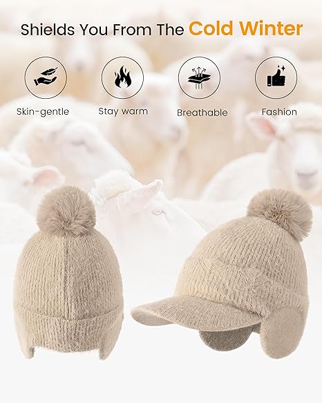 Beige Winter Knit Hat with Pom Pom & Ear Flaps | Warm Fleece-Lined Visor Beanie | One Size Fits Most - Image 4