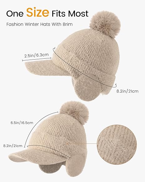 Beige Winter Knit Hat with Pom Pom & Ear Flaps | Warm Fleece-Lined Visor Beanie | One Size Fits Most - Image 2