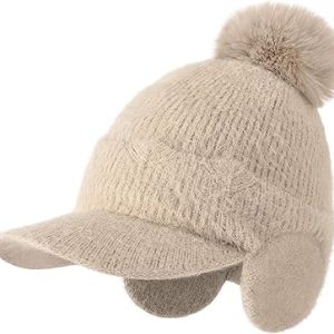 Beige Winter Knit Hat with Pom Pom & Ear Flaps | Warm Fleece-Lined Visor Beanie | One Size Fits Most