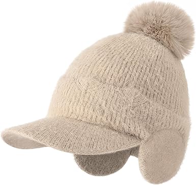 Beige Winter Knit Hat with Pom Pom & Ear Flaps | Warm Fleece-Lined Visor Beanie | One Size Fits Most