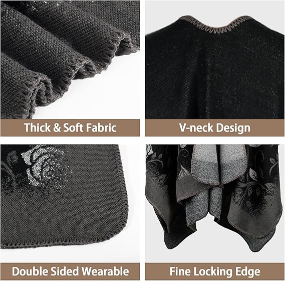 Winter Thickened Reversible Jacquard Shawl Cape | Oversized Warm Poncho Wrap | Floral Pattern Open-Front Blanket Shawl - Image 4