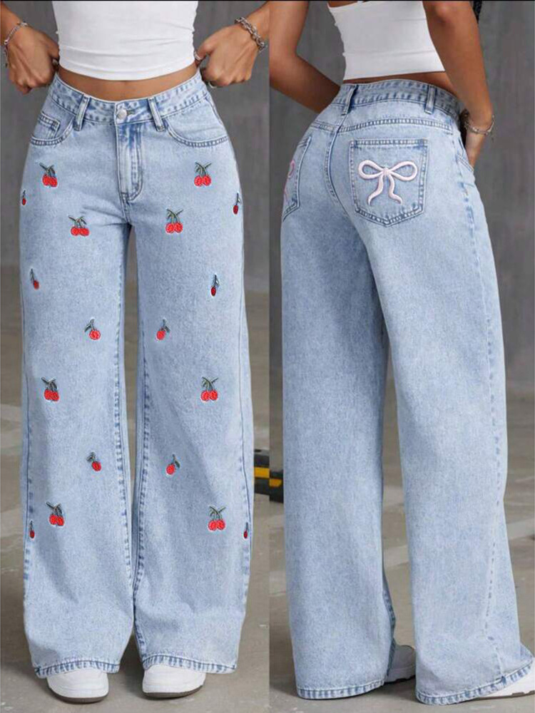 Cherry Embroidered Wide Leg Jeans | Sweet Bow Back Pocket Denim Pants | High-Waisted Loose Fit Straight Jeans | Casual Streetwear Pants