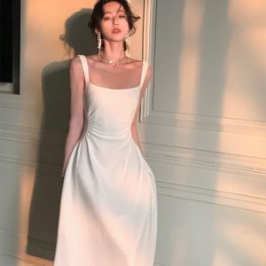 Elegant Minimalist Spaghetti Strap Midi Dress for Women – Slim Fit, High Waist, French Chic Design