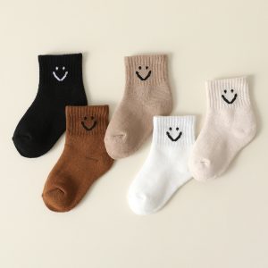 5 Pairs Kids Cotton Smiley Socks – Soft Breathable Mid-Calf Socks for Boys & Girls (S/M/L Sizes)