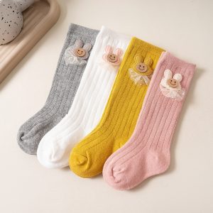 4 Pairs Kids Cotton Bunny Socks – Soft Warm Mid-Calf Toddler Socks with Cute 3D Rabbit Design (S/M/L Sizes)