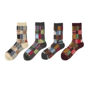 4 Pairs Vintage Patchwork Thick Cotton Socks for Men – Warm Mid-Calf Knit Socks for Autumn and Winter