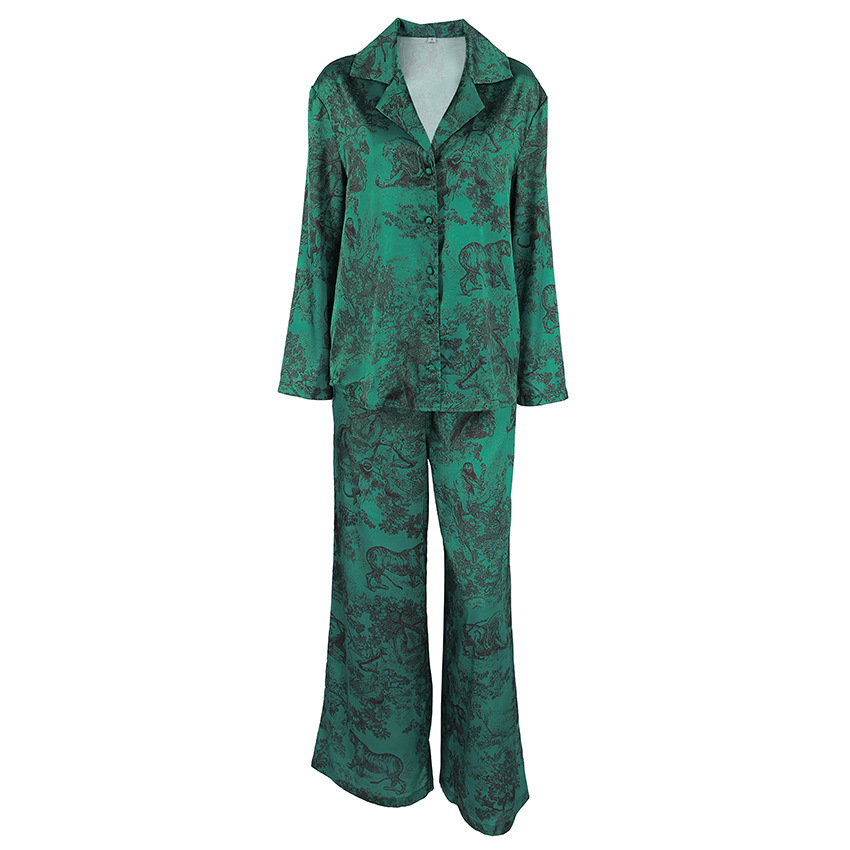 Women’s Satin Pajama Set | Long Sleeve Top & Wide-Leg Pants | Elegant Green Printed Loungewear - Image 6