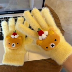 Women’s Cute Bear Fuzzy Knit Gloves – Warm Winter Full Finger Gloves