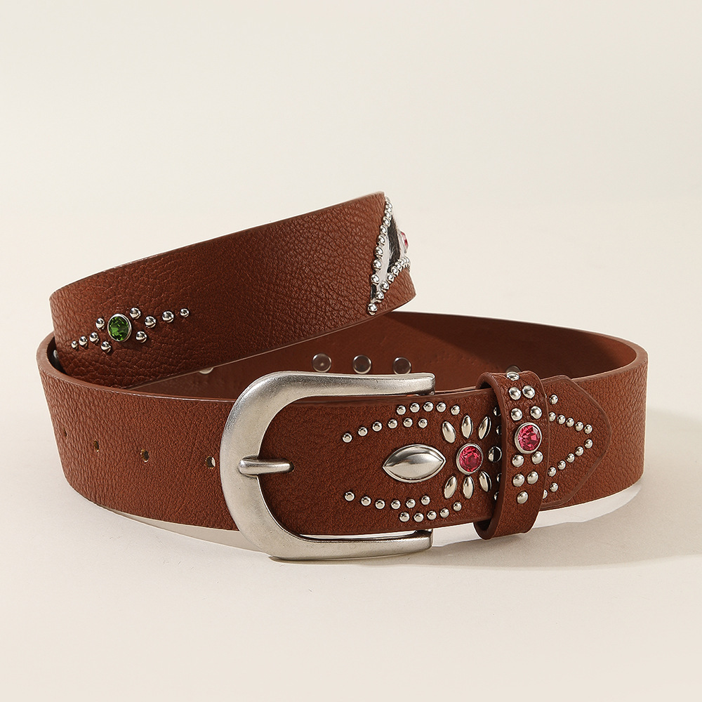 Rhinestone Studded Belt|Vintage Metal Buckle Faux Leather Belt|Y2K & Western Style - Image 2