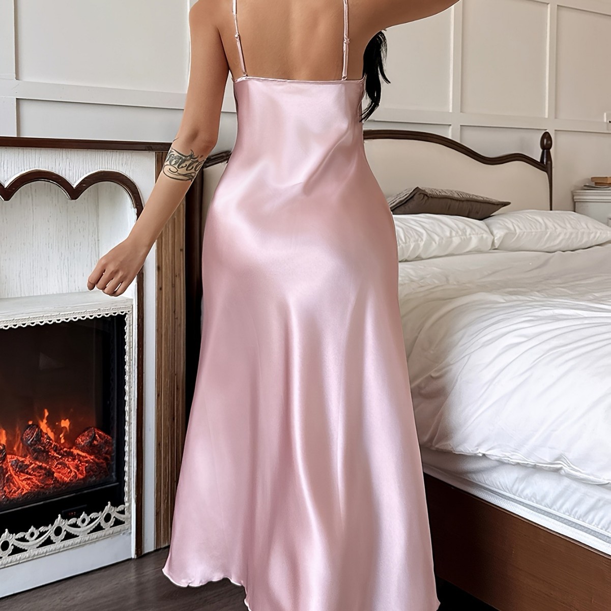 Women’s Satin Long Slip Nightgown | V-Neck Silky Sleep Dress | Elegant Pink Lounge Wear - Image 5