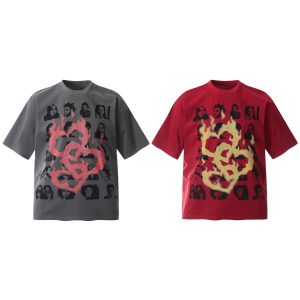 Red/Grey Flame Graffiti Portrait Graphic T-Shirt | Street Visual Art Style | Loose-Fit Unisex Tee