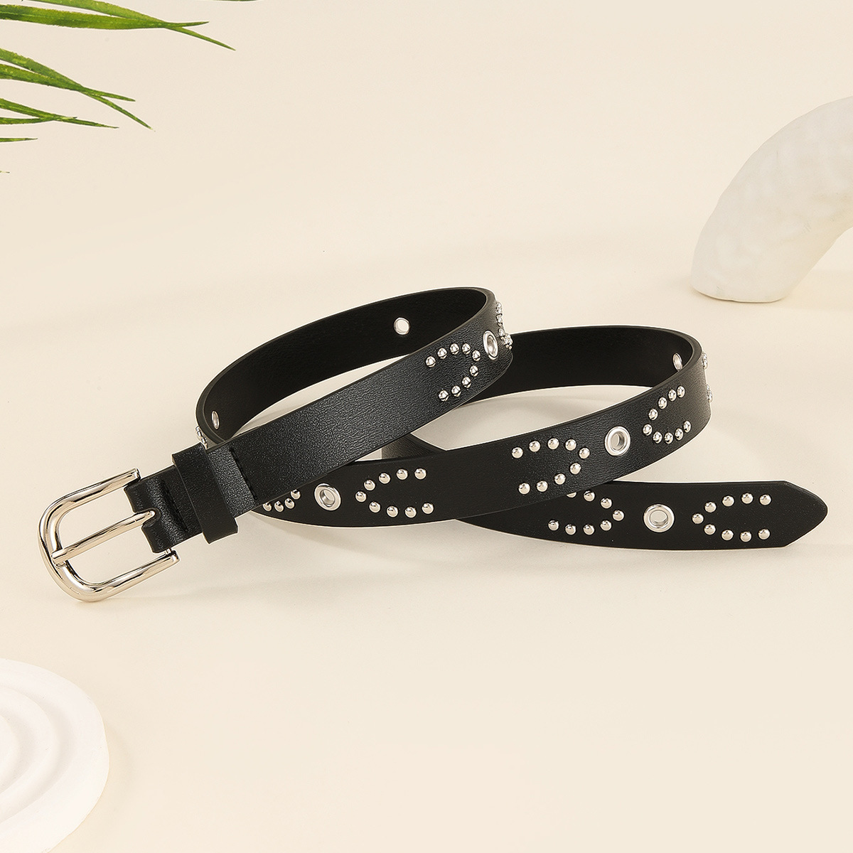 Vintage Studded Slim Belt | Classic Metal Buckle Waist Belt for Everyday Styling - Image 4