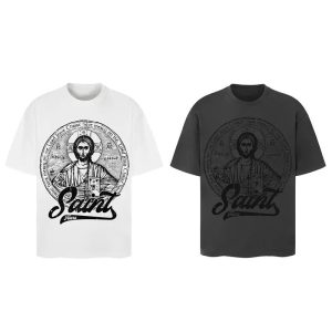 Vintage Saint Icon Graphic T-Shirt | “Saint Tears” Letter Print | Loose-Fit Unisex Tee in White / Dark Grey