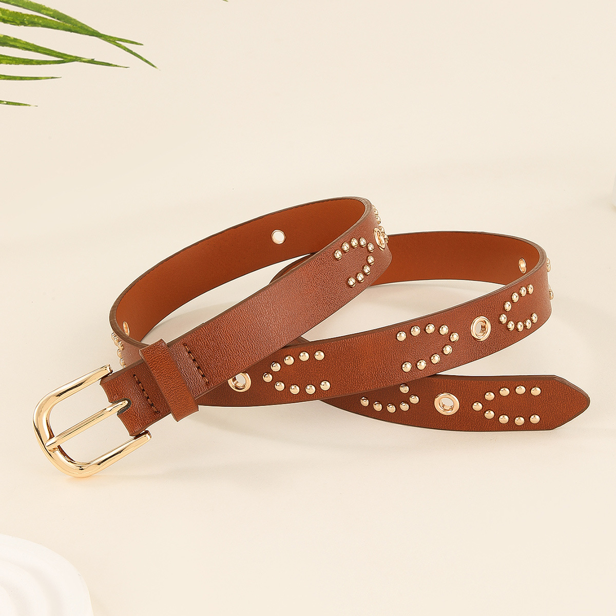 Vintage Studded Slim Belt | Classic Metal Buckle Waist Belt for Everyday Styling