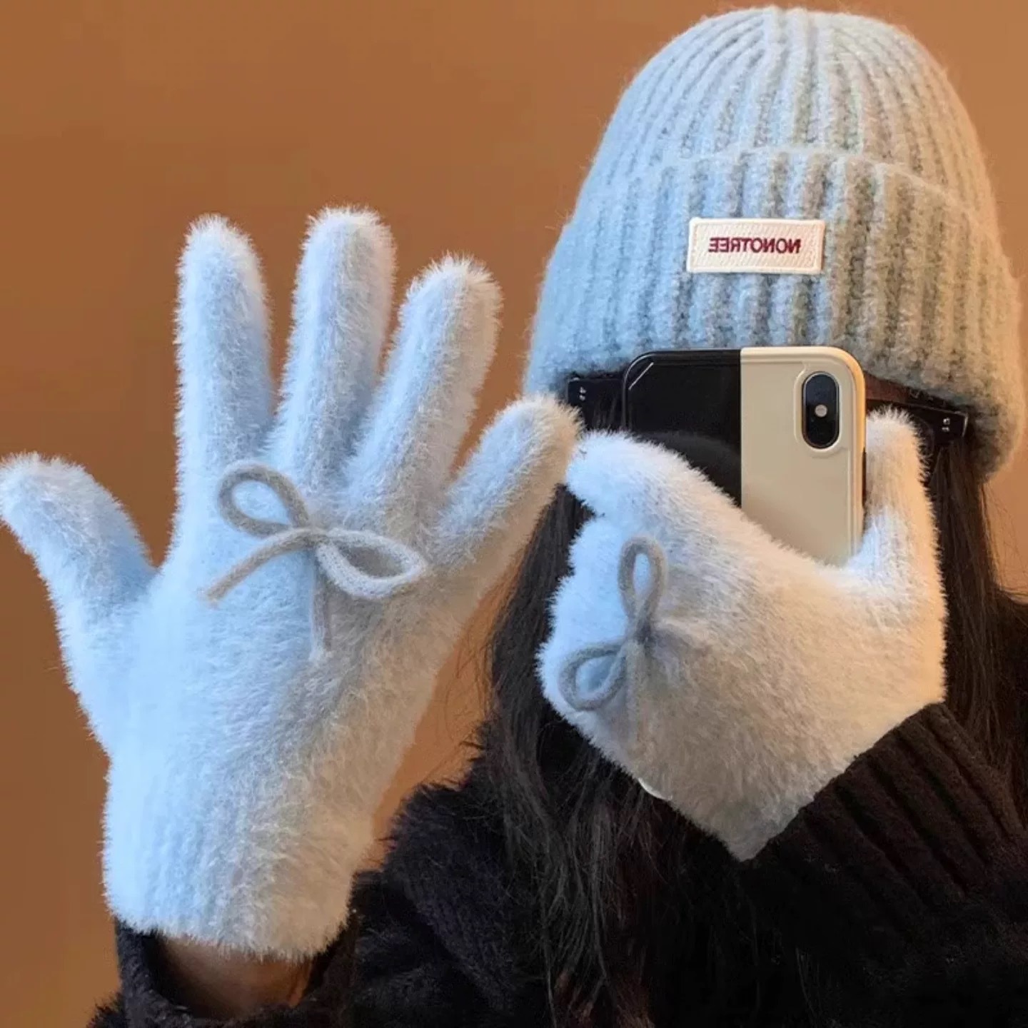 Women’s Fuzzy Fingerless Gloves with Flip Cover – Cute Bow Winter Gloves - Image 4