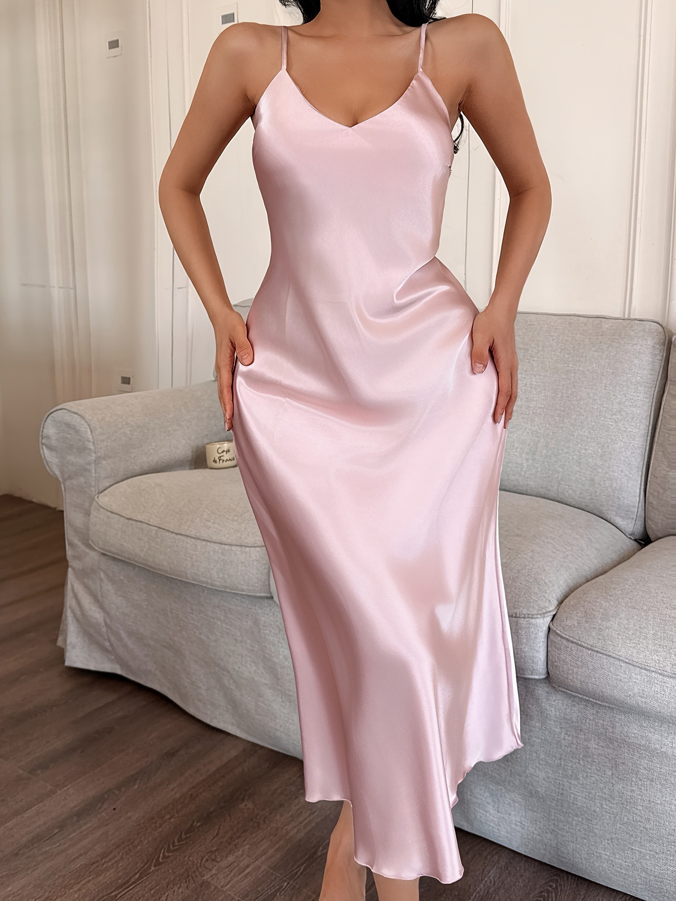 Women’s Satin Long Slip Nightgown | V-Neck Silky Sleep Dress | Elegant Pink Lounge Wear - Image 2