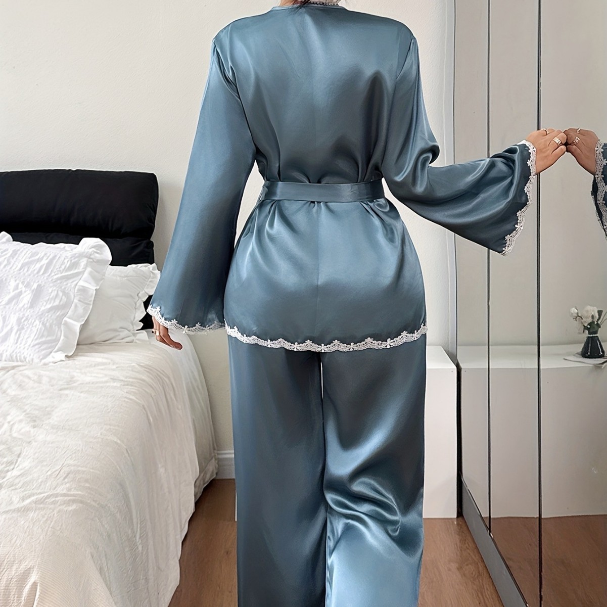 Women’s Satin Pajama Set with Lace Trim | V-Neck Belted Long Sleeve Top & Long Pants | Elegant Luxury Sleepwear - Image 4