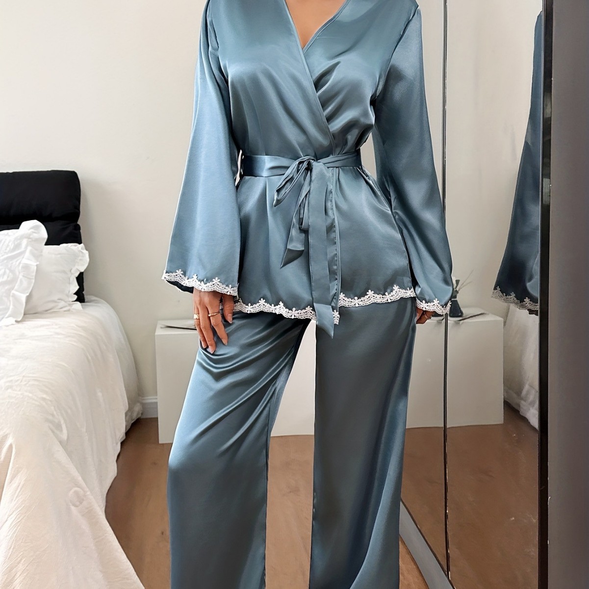 Women’s Satin Pajama Set with Lace Trim | V-Neck Belted Long Sleeve Top & Long Pants | Elegant Luxury Sleepwear - Image 3