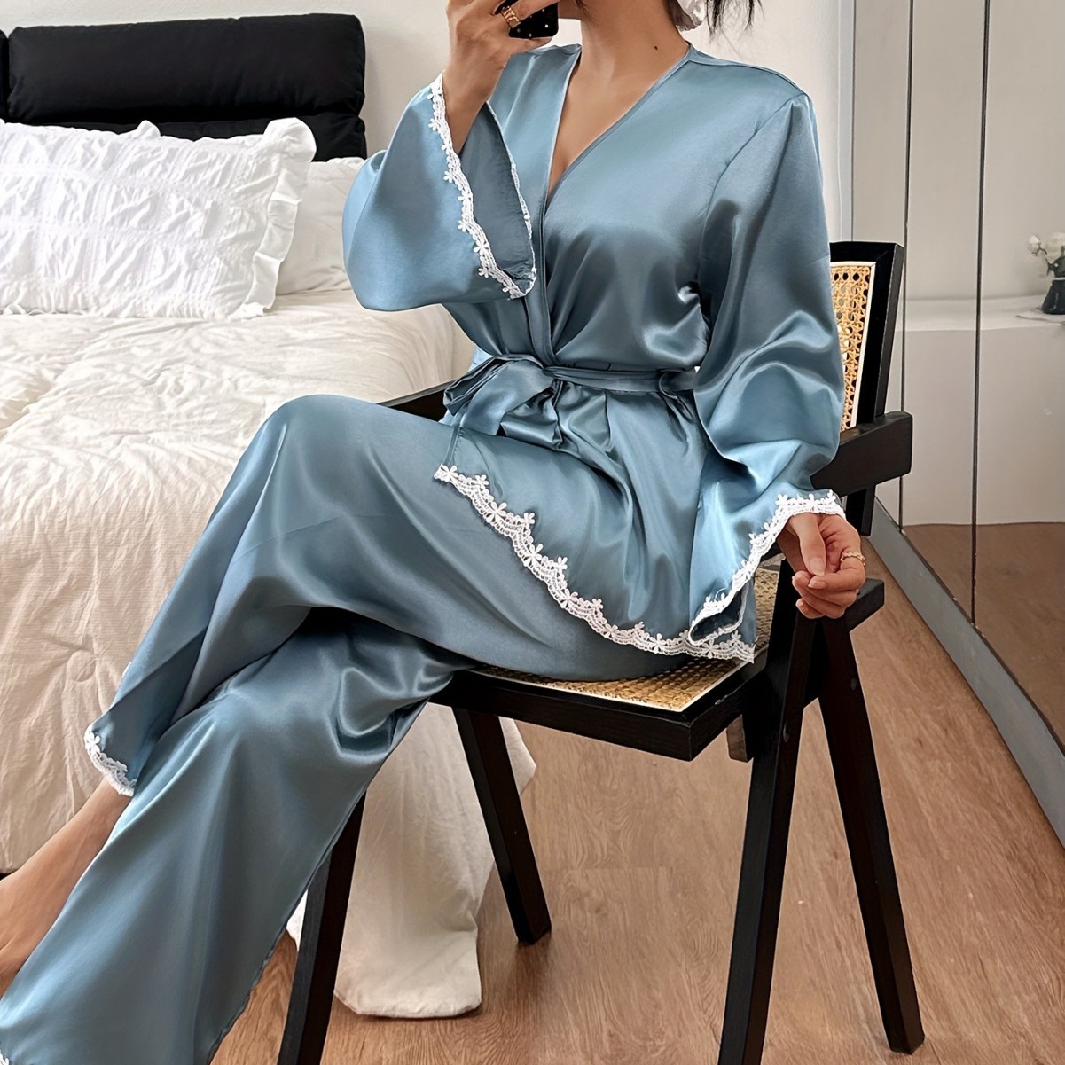Women’s Satin Pajama Set with Lace Trim | V-Neck Belted Long Sleeve Top & Long Pants | Elegant Luxury Sleepwear - Image 2