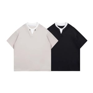 Double-Layer Collar Patchwork T-Shirt | V-Slit Neck with Metal Button Detail | Loose-Fit Casual Top in Light Grey / Black