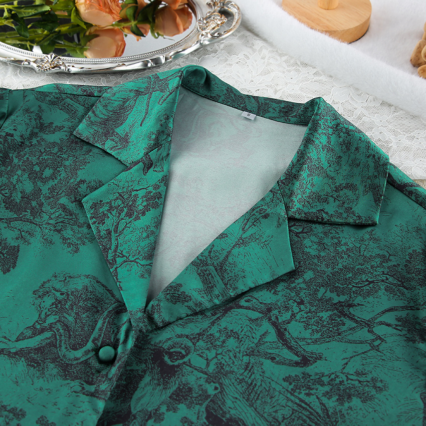 Women’s Satin Pajama Set | Long Sleeve Top & Wide-Leg Pants | Elegant Green Printed Loungewear - Image 5