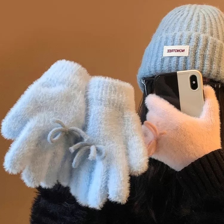 Women’s Fuzzy Fingerless Gloves with Flip Cover – Cute Bow Winter Gloves - Image 2