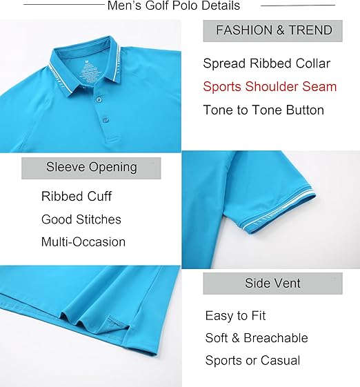 Men’s Performance Golf Polo Shirt | Quick-Dry Stretch Fabric | UPF 30+ Sun Protection | 90% Polyester + 10% Spandex | Sky Blue - Image 2