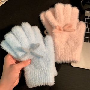 Women’s Fuzzy Fingerless Gloves with Flip Cover – Cute Bow Winter Gloves