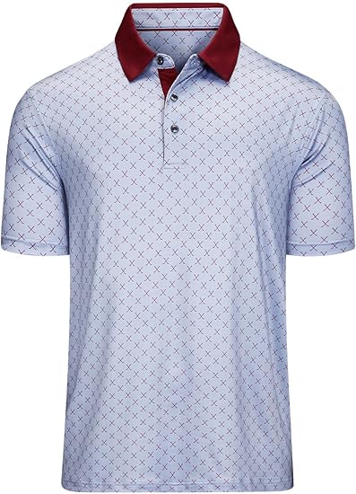Men’s Printed Performance Golf Polo Shirt | Contrast Collar | Moisture-Wicking 4-Way Stretch | Lightweight Short Sleeve