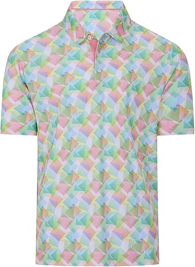 Men’s Colorful Geometric Print Golf Polo Shirt | Moisture-Wicking 4-Way Stretch | Lightweight Breathable Short Sleeve