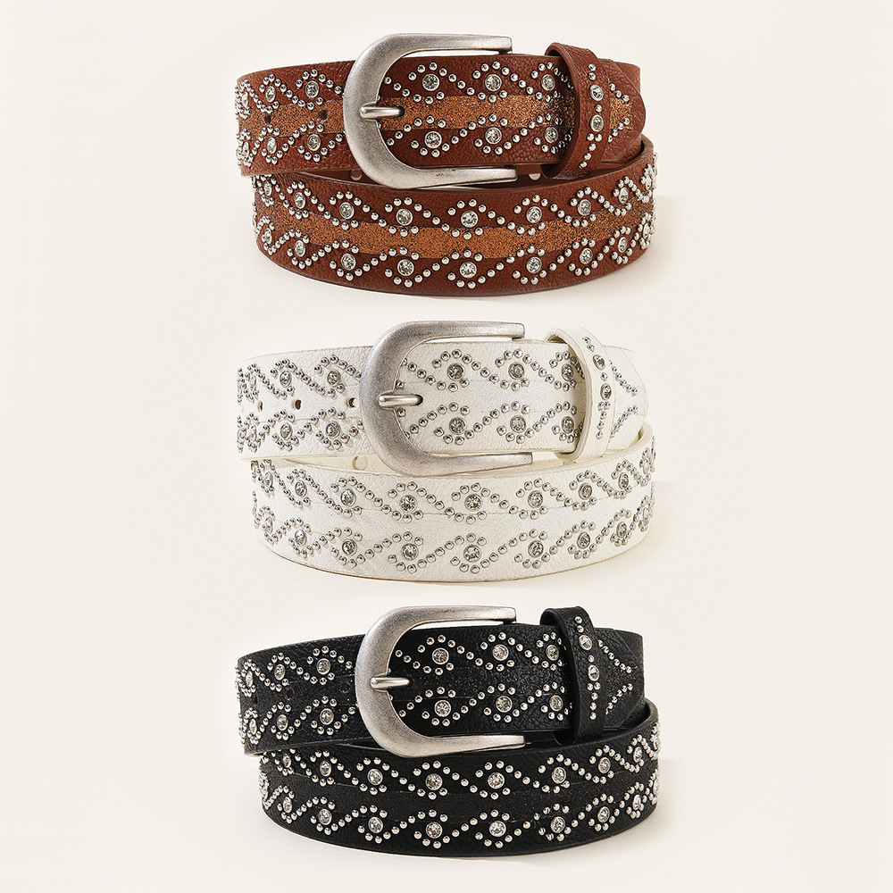 Rhinestone Studded Belt|Vintage Metal Buckle Faux Leather Belt|Y2K & Western Style