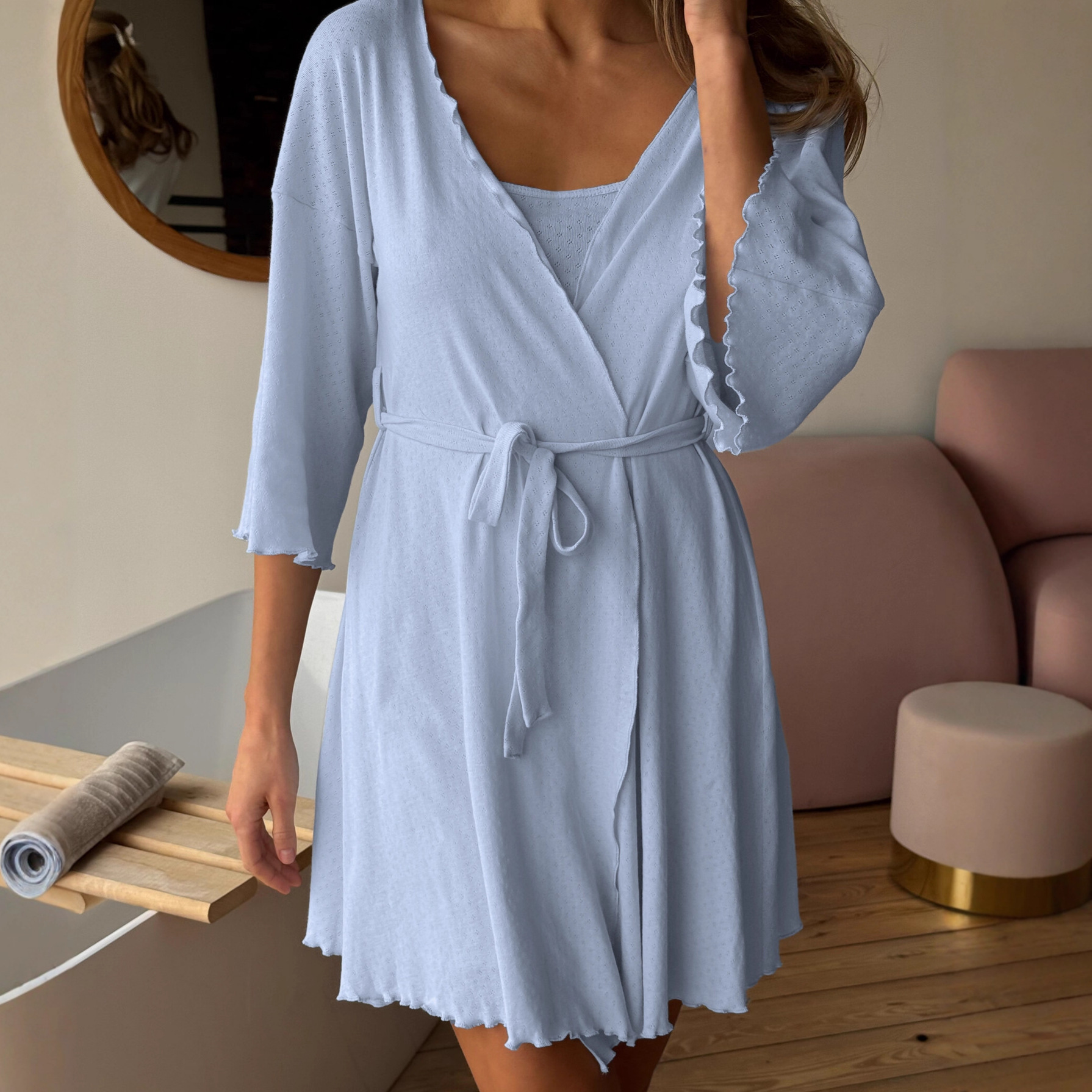 Women’s 2-Piece Pajama Set | Slip Dress + Matching Robe | Ruffle Hem Design - Image 2