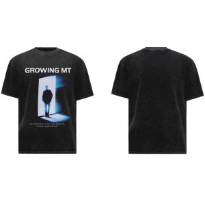 Black Washed Graphic T-Shirt | GROWING MT Print | Silhouette Doorway Artwork | Loose-Fit Streetwear Tee