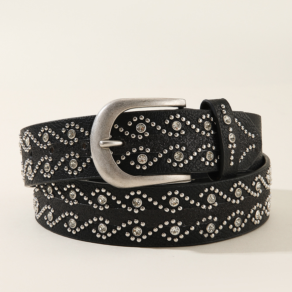 Rhinestone Studded Belt|Vintage Metal Buckle Faux Leather Belt|Y2K & Western Style - Image 2